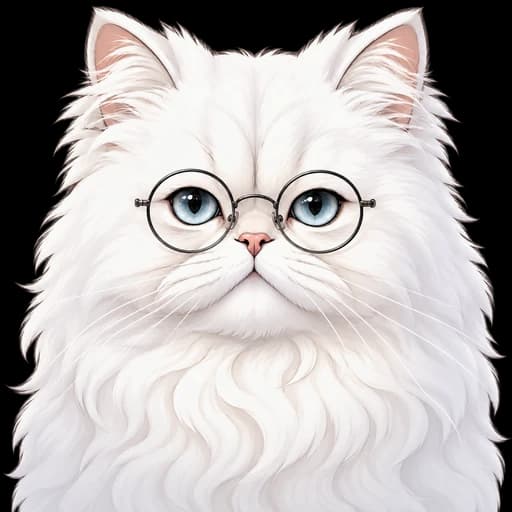 Cal, a cartoon white Persian cat wearing round glasses